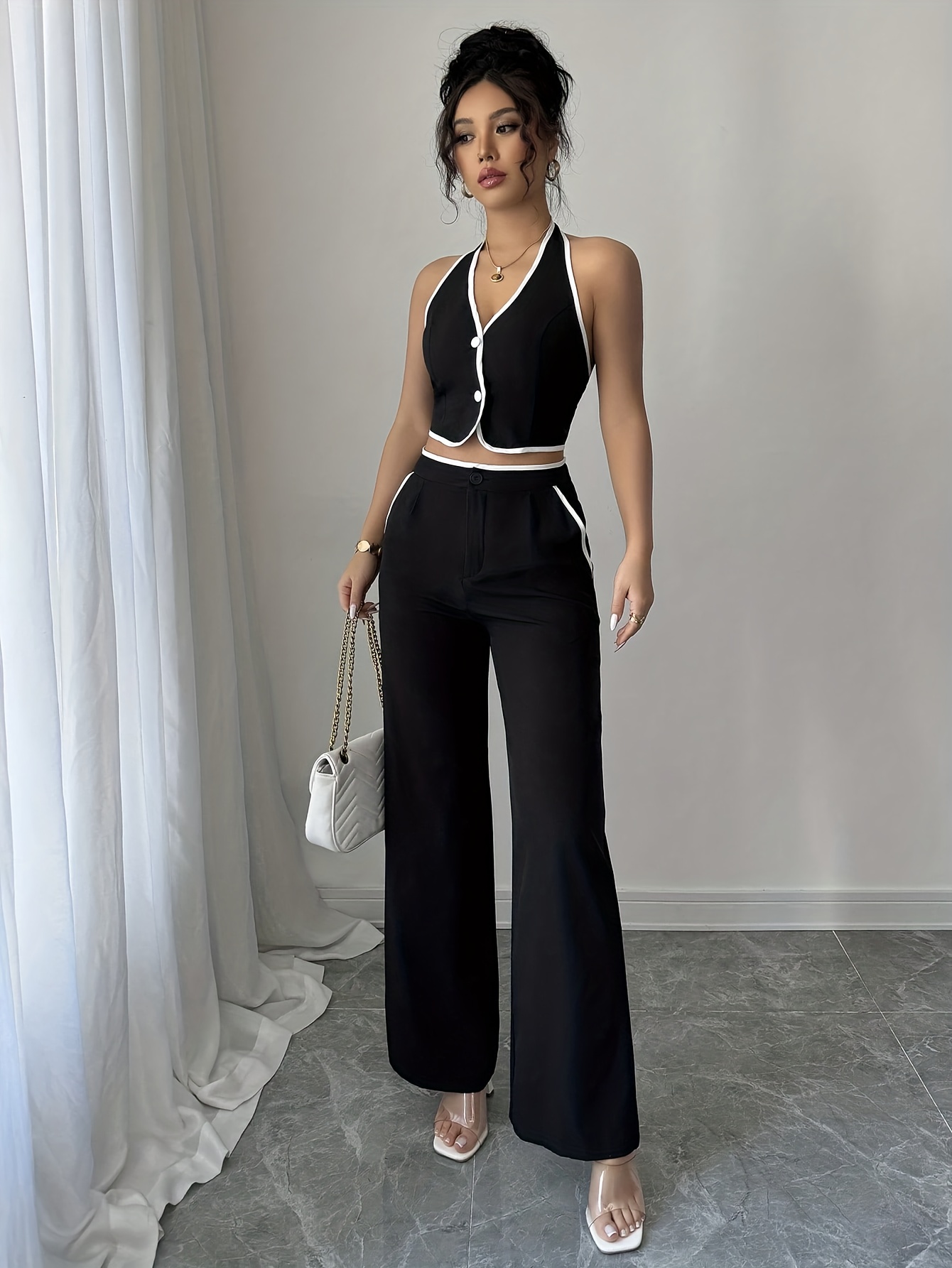 2pcs Conjunto de Mujer para el Día a Día, Top sin Mangas y Pantalón de Color Sólido, Atuendo Completo para Mujer, Vestimenta para Maestras, Elegante Vestido de Invitada de Boda, Ropa Casual de Negocios para Mujer, Conjunto de Estilo Clásico, Top con Botones para Mujer, Atuendo de Primavera/Otoño