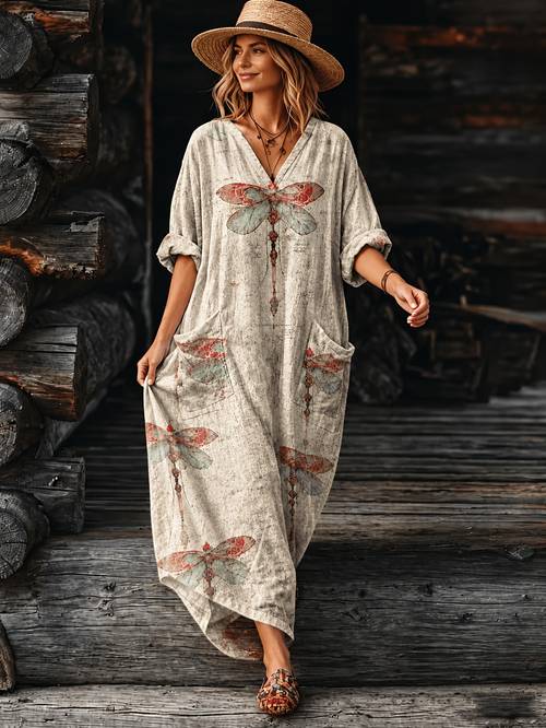 plus size womens print maxi dress with pockets v neck line suitable for casual vacation wedding guest dress machine washable loose dress with pocketed hem for daily wear holiday outfits