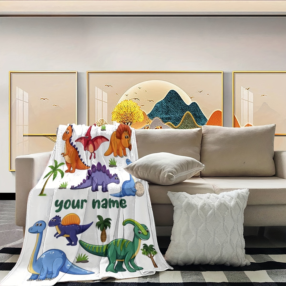 Personalized Cartoon Dinosaur Print Flannel Blanket