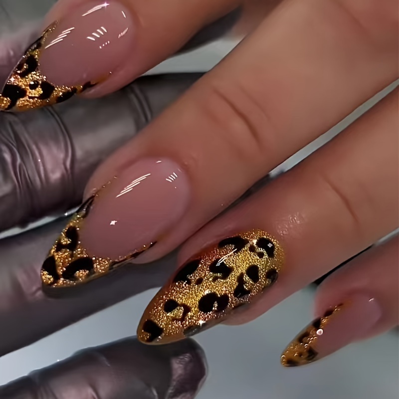 

24pcs Set Of Medium Press-on Nails In Golden & Black With Leopard Print - Reusable, Easy To Apply Fake Nails For A Chic Look