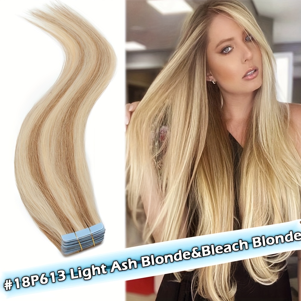 10pcs 1 pack straight real human hair tape in extensions straight smooth hair extensions 16 24 natural popular blonde color human hair extneisons for women versatile use for   party brithday fesitival to add volumn and length details 1