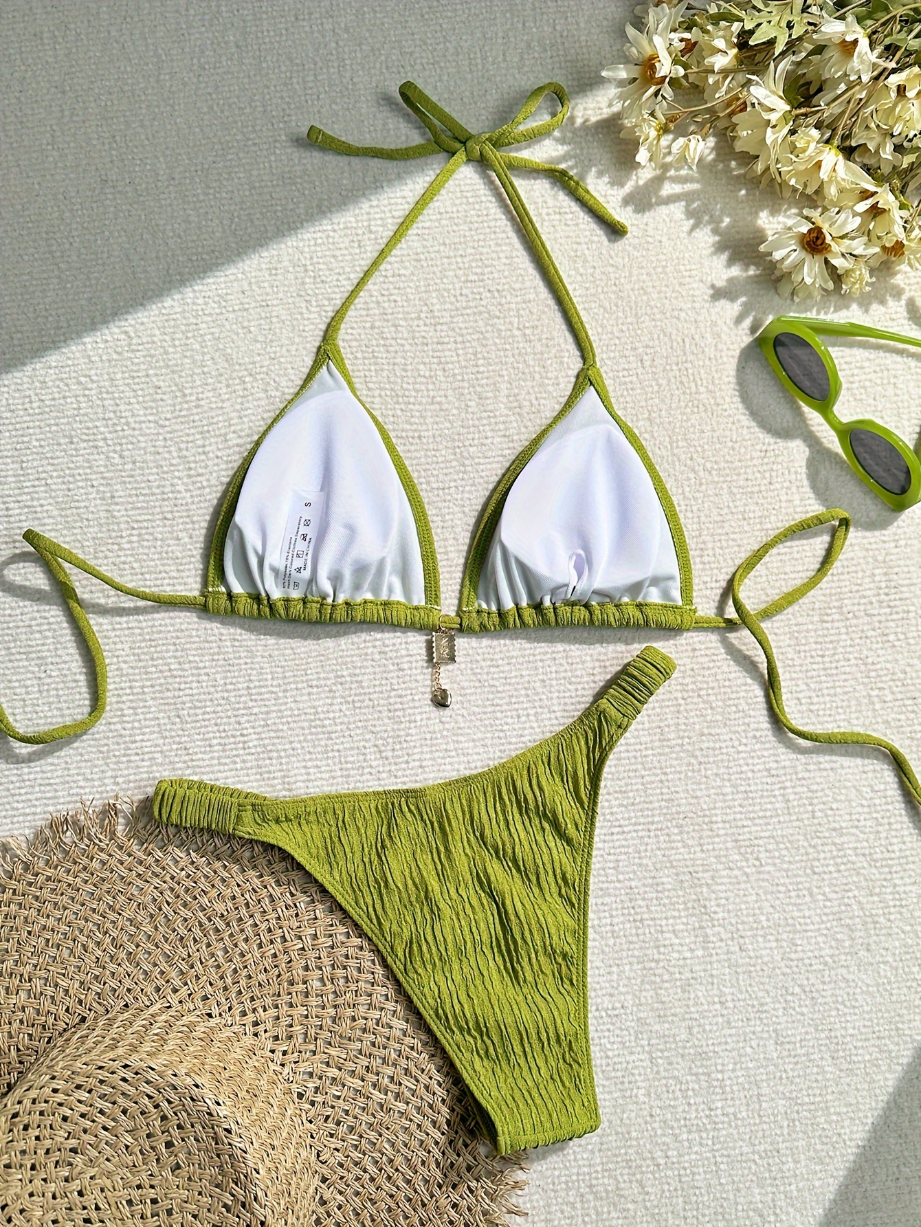 Elegant Women's Solid Green Halter Bikini Set - Textured Fabric, High-Waisted Two-Piece Swimsuit with Tie Detail, Machine Washable, High Waisted Bikini Set