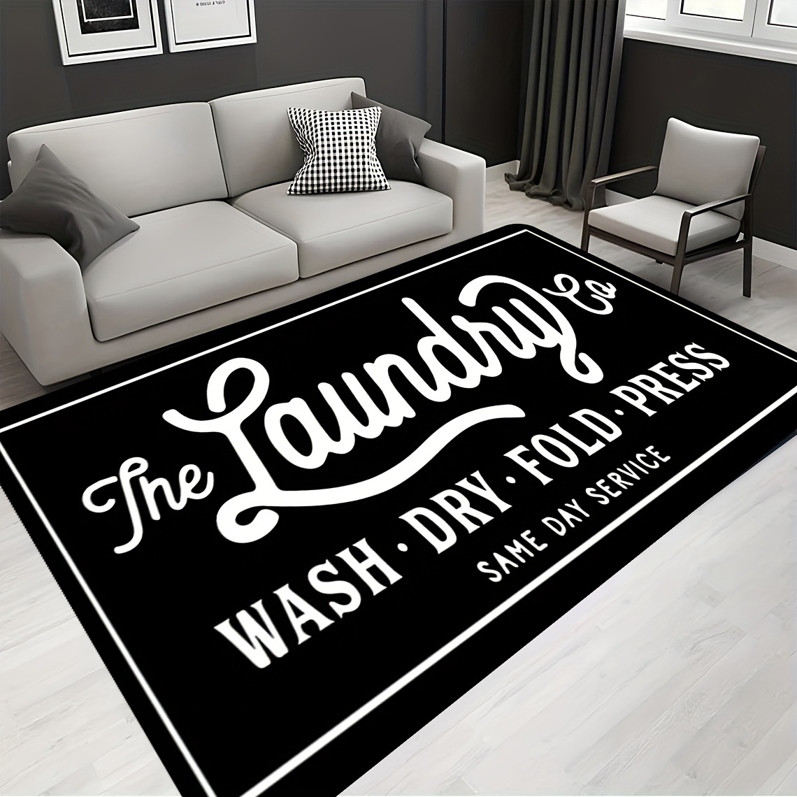 

1pc Black Script Laundry Room Non-slip Dirt-resistant Mat | Polyester, Hand Washable, Rectangular, Braided Weave, Lightweight - Machine Made Rug Pad, Thickness 1cm