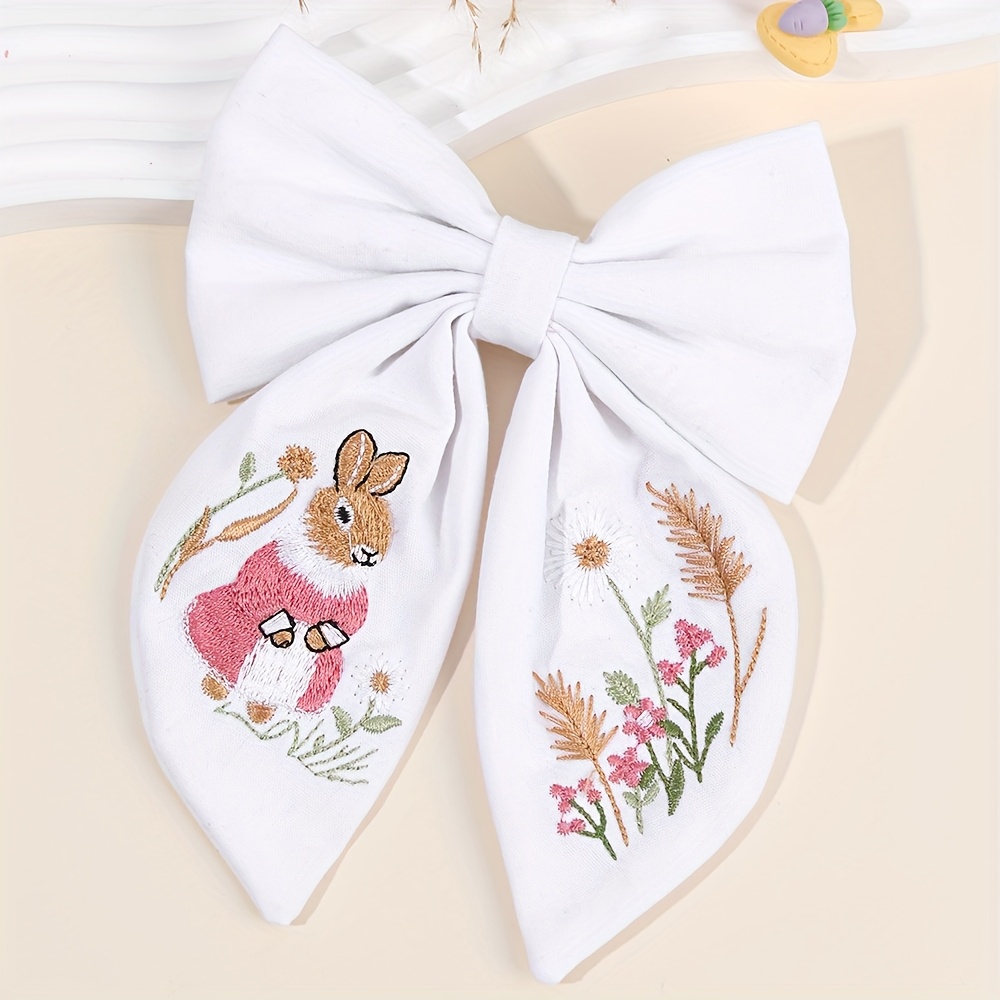 Barrette à Cheveux Brodée Lapin (bunny) - Pâques / Printemps - Fait Main Aux USA