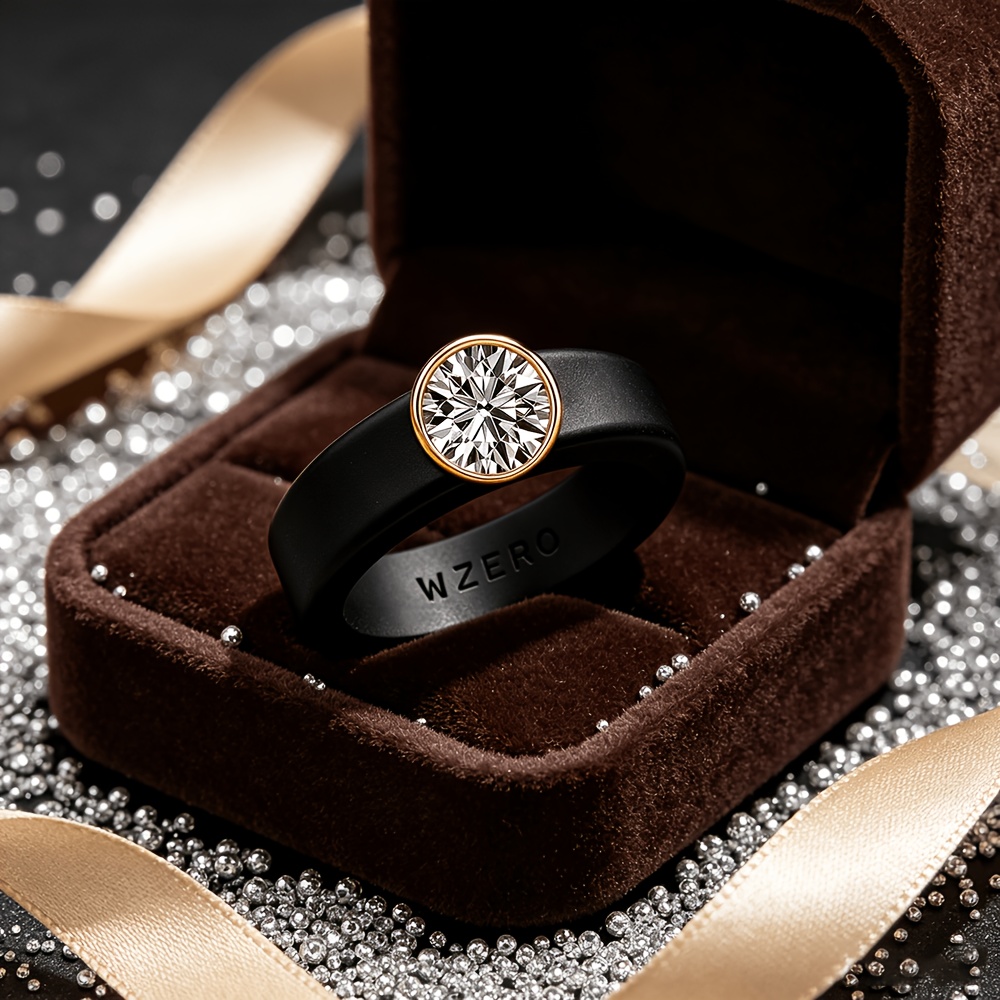 Round Zirconia Bezel-Set Silicone Ring for Men and Women