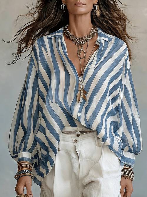 imagem do item camisa de comprida às riscas retro nova coleção verão para mulher, top de praia estilo férias, deslocação casual