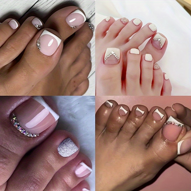 TEMU 96pcs Press On Toenails For Women, Short French Tip Fake Toe Nails, Press On Toes Nails French Tip Press On Toenails Pink Fake Toe Nails Glitter