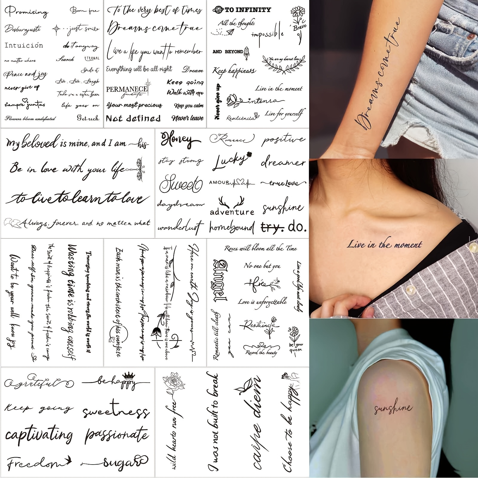 Image of Set Of 10 Waterproof Tattoo Stickers Featuring English Letters And Short Phrases, Suitable For Men And Women, Designed For Temporary Body Art On Wrists, , And Ankles