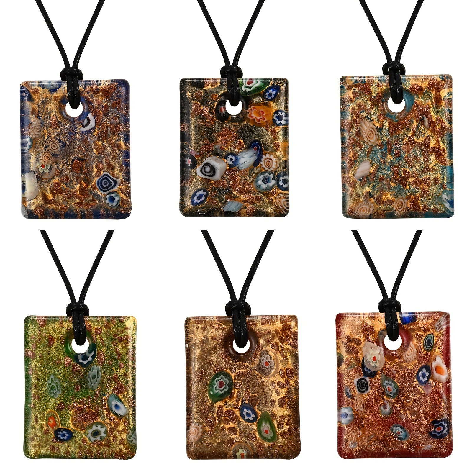 Hand-Fired Floral Pattern Square Glass Pendant Necklace