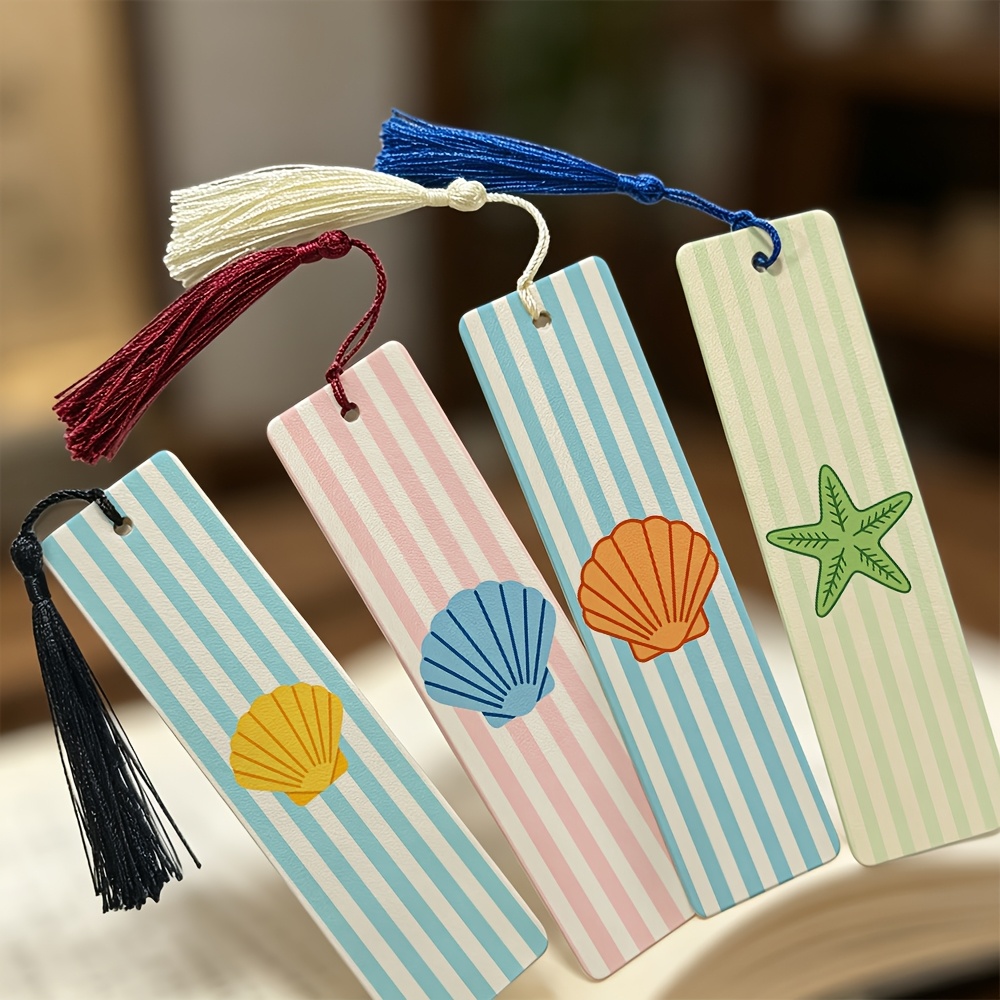 TEMU 4pcs Striped Faux Leather Bookmarks Set 5.9x1.57 Inch Durable Tassel Page Clips