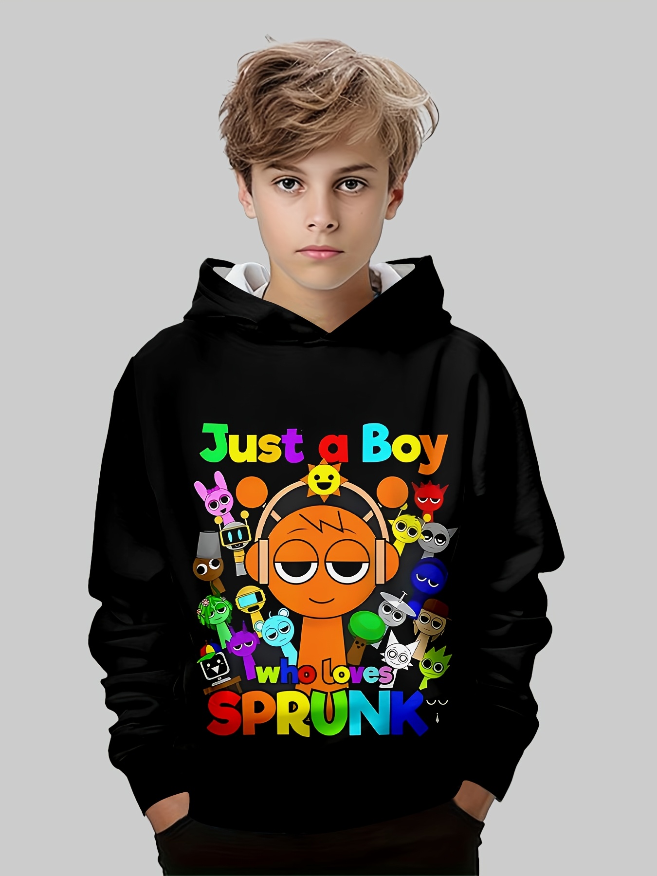 boys stylish 3d printed sprunki hoodie black long sleeve Temu