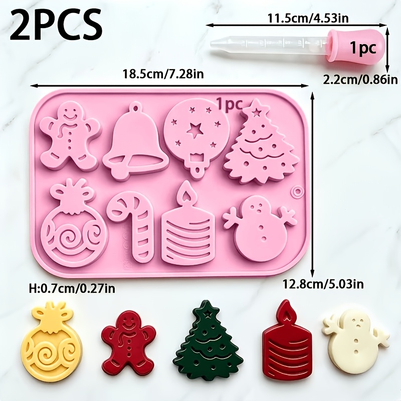 TEMU 2pcs/set 1pc 8-cavity Christmas Silicone Candle Mold And 1pc Silicone Dropper Gingerbread For Man Cane Shaped Soap Mold Cute Snowman Christmas