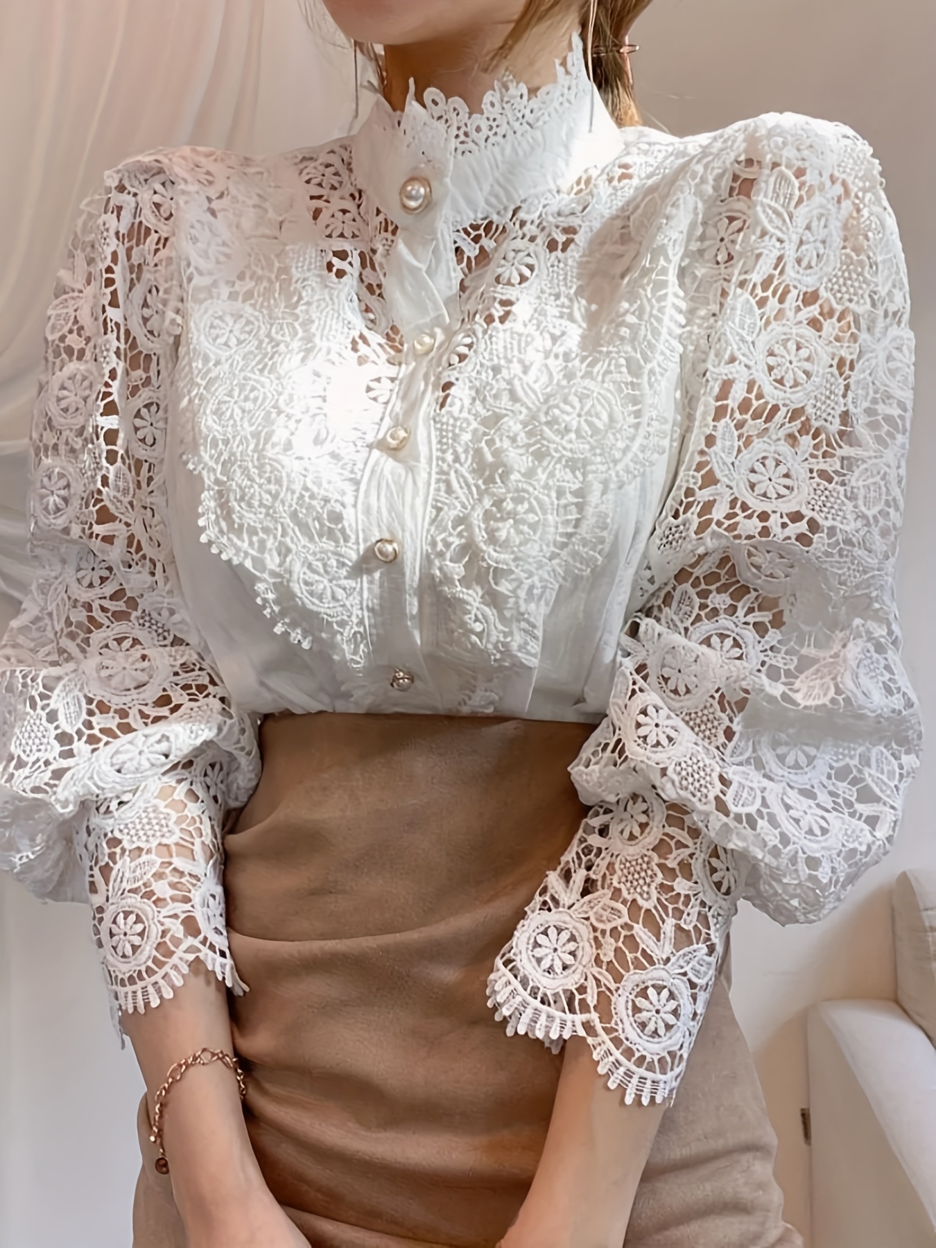 womens elegant lace blouse high neck long sleeve shirt Temu Ireland