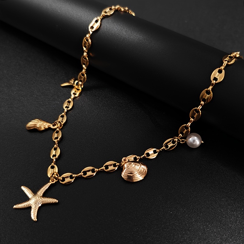 Image of 1pc Stainless Steel Bohemian Summer Starfish Shell Conch Fish Tail Series 5 Pendant Beach Bean Spliced Chain Necklace Valentine's Day Mother's Day Father's Day Vacation Jewelry Gift