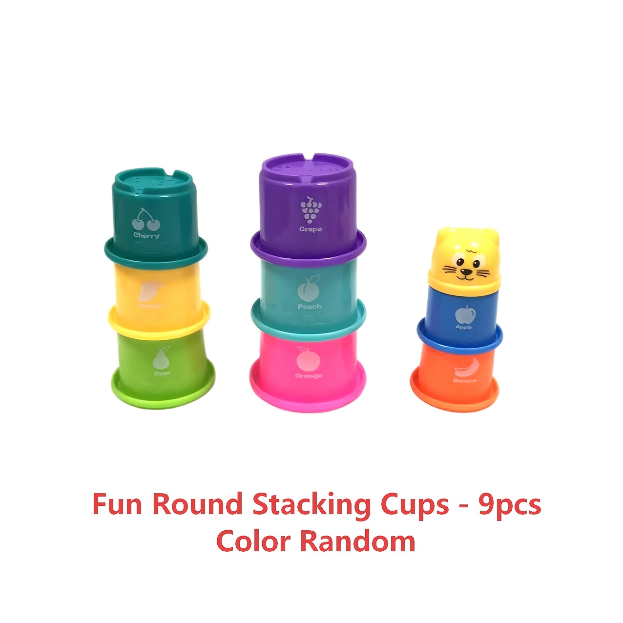 9pcss Stacking Cups - Random Colors, Animal, Number, And Fruit Multi-sided Printed Design, 9pcs Set For Bath, Beach, And Water Play. Ideal Gift For Holidays And Birthdays