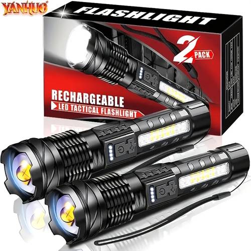 2pcs super powerful rechargeable flashlight floodlight flashlight p70 bulb cob light outdoor camping fishing outdoor lighting portable camping flashlight outdoor hiking home emergency built battery ip44