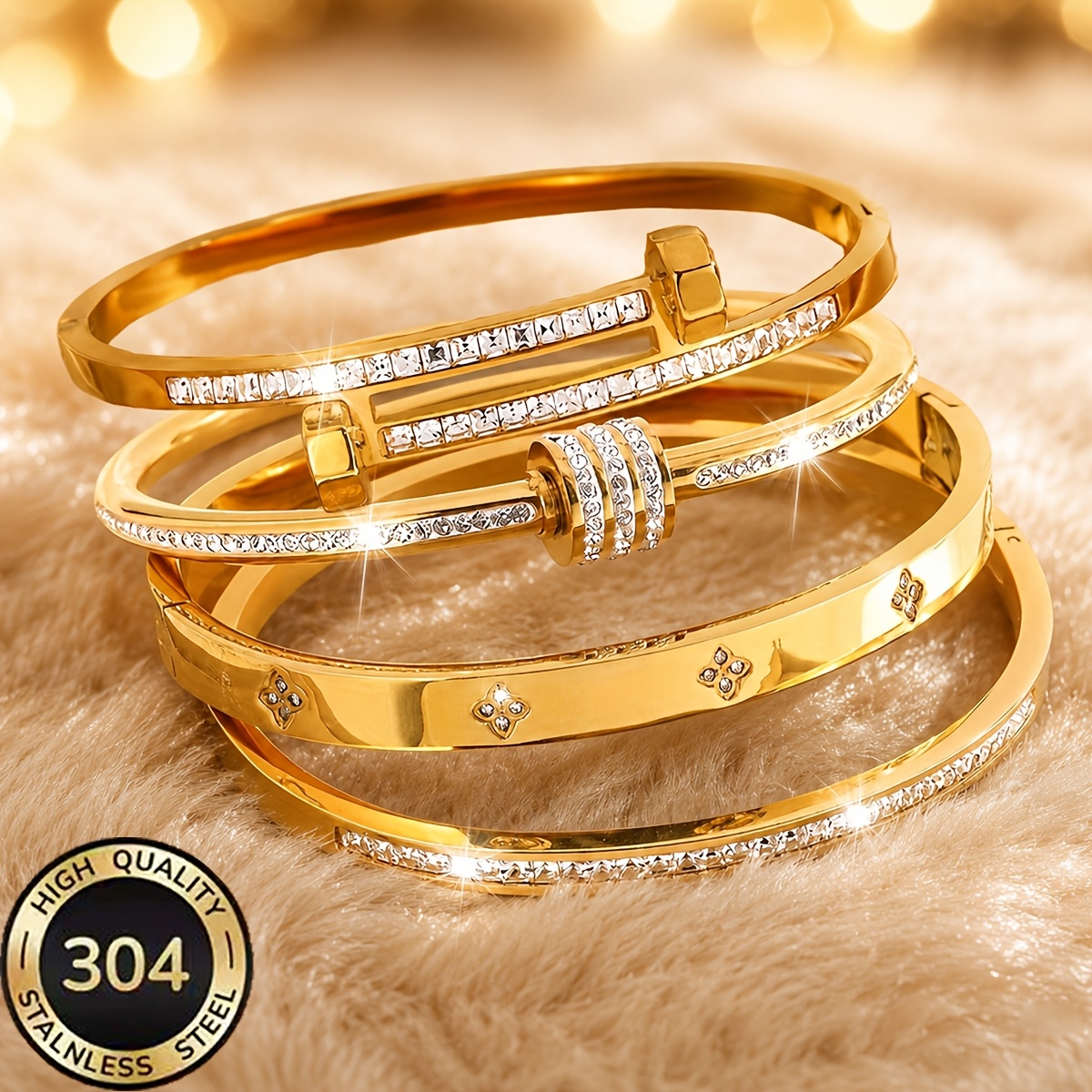 TEMU 4pcs Women's 18k Gold-plated Stackable Bracelet Set, 304 Stainless Steel Double-ended Stud Waist-defining Flower Bracelet, Hypoallergenic,