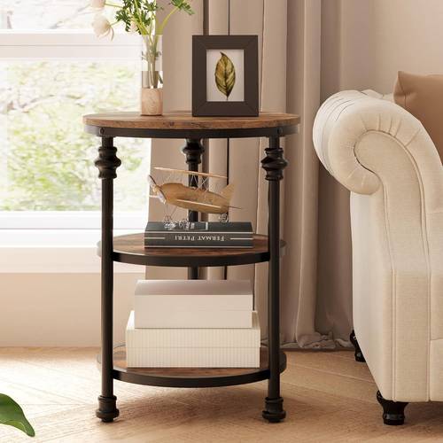 round side table with 3 tier shelves rustic brown portable compact end table for small spaces living room bedroom nightstand or accent coffee table easy assembly table for living room sturdy construction apartment furniture