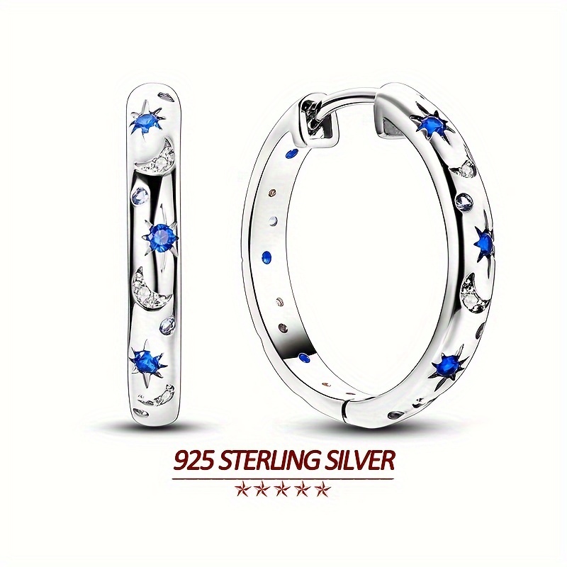 

S925 Sterling Silver Hoop Earrings Plated Classic Style Hollow Stars Blue Zircon Decor Hoop Earrings Jewelry Gifts 4g/0.14oz