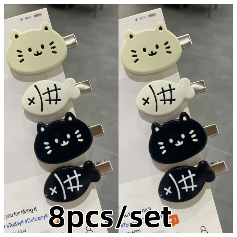 TEMU 8pcs/set Cartoon Kitten And Fish Side Barrette Set, Minimalist Black White Matching Hair Clips, Decorative Barrettes To Secure Bangs & Flyaways