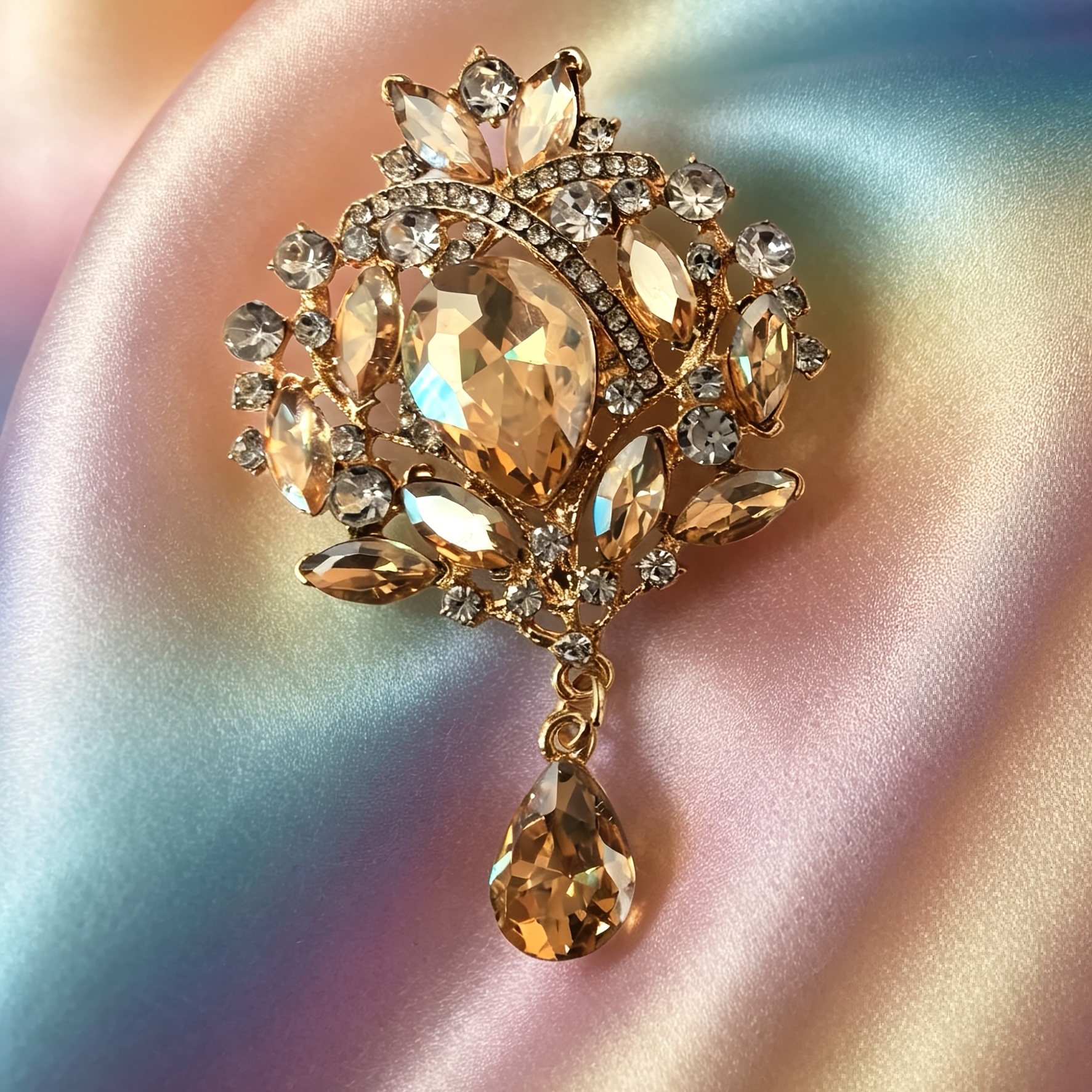 TEMU Light Luxury Golden Champagne Large Rhinestone Water Drop Pendant Brooch Women's European Court Style Hollow Crystal Pin Wedding Bride Evening
