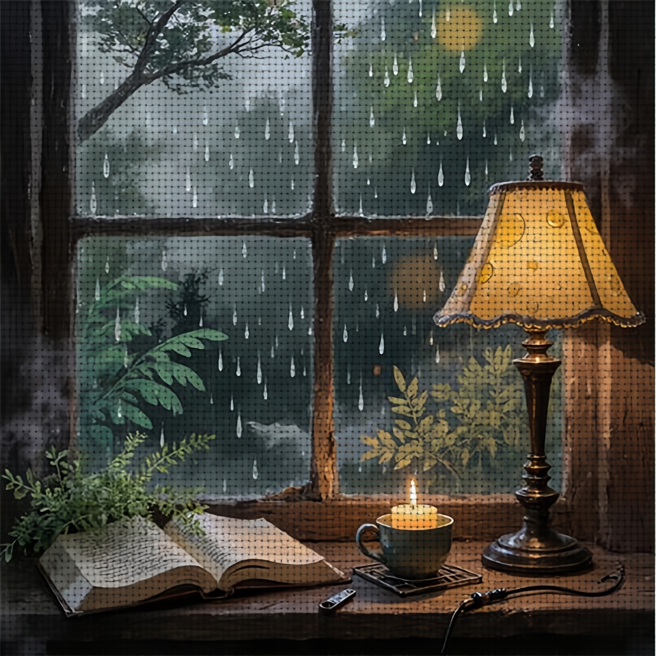 TEMU 1pc Printed Diy Cross Stitch Kit, Frameless, " Reading By The Window On A Rainy Night" Design, Perfect For Beginners To Relax And Craft,