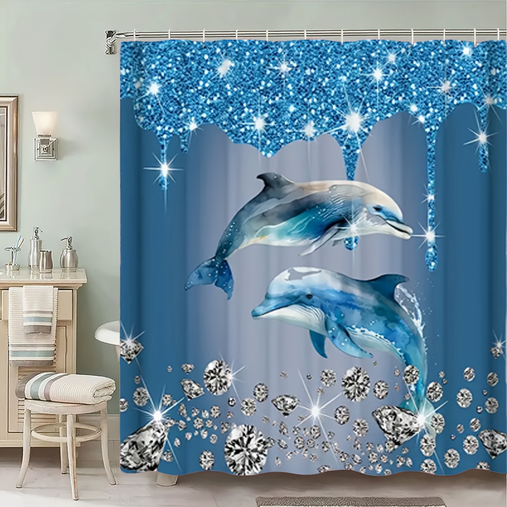 E-shop 1 Stück Luxus-Duschvorhang - Elegantes Blaues Ozean-Design mit funkelnden Diamanten, maschinenwaschbarer Polyester-Badezimmervorhang für Zuhause