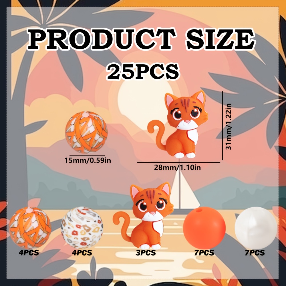 TEMU 25pcs Kitten-shaped Silicone Beads Set, With 15mm Shaped Beads, For Jewelry Additions, Earring, Necklace, Bag Chain, Phone Chain, Makeup Brush