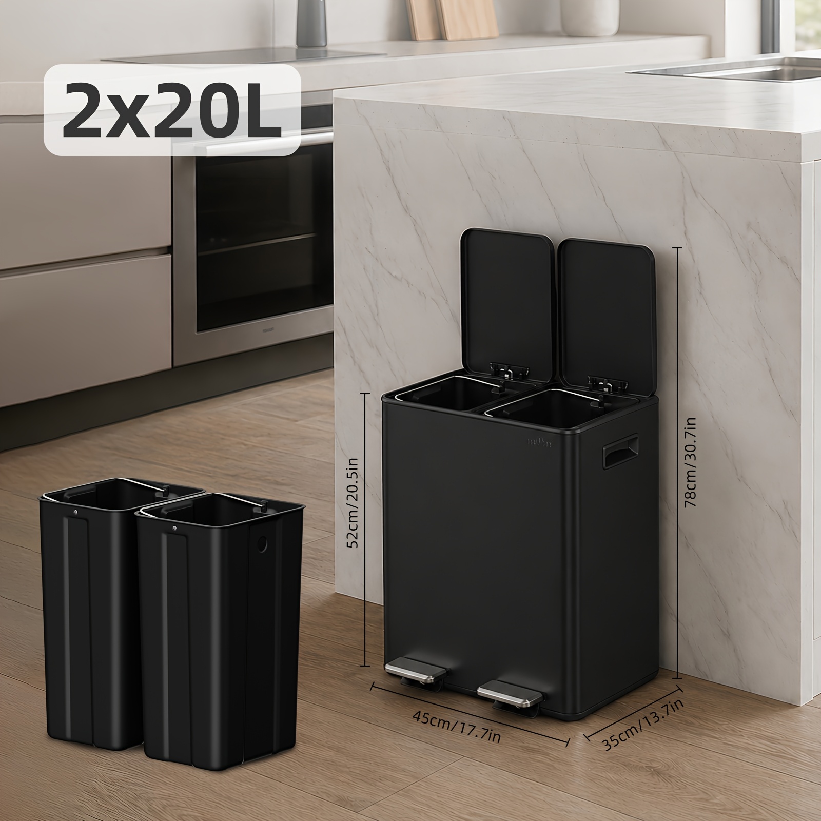 TEMU Mvm 40l Stainless Steel Dual Compartment Pedal Bin With Pp Lid 2 Removable Buckets Featuring Soft Close Action Brushed Oil End Rust And