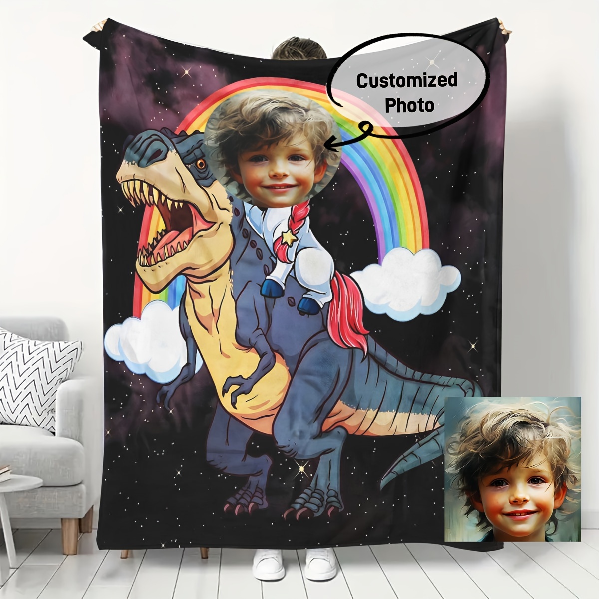 

Customized Product: Children Turn Into Unicorns Riding Big Dinosaurs - Customize With Children's To Create Their Own Blanket, For .