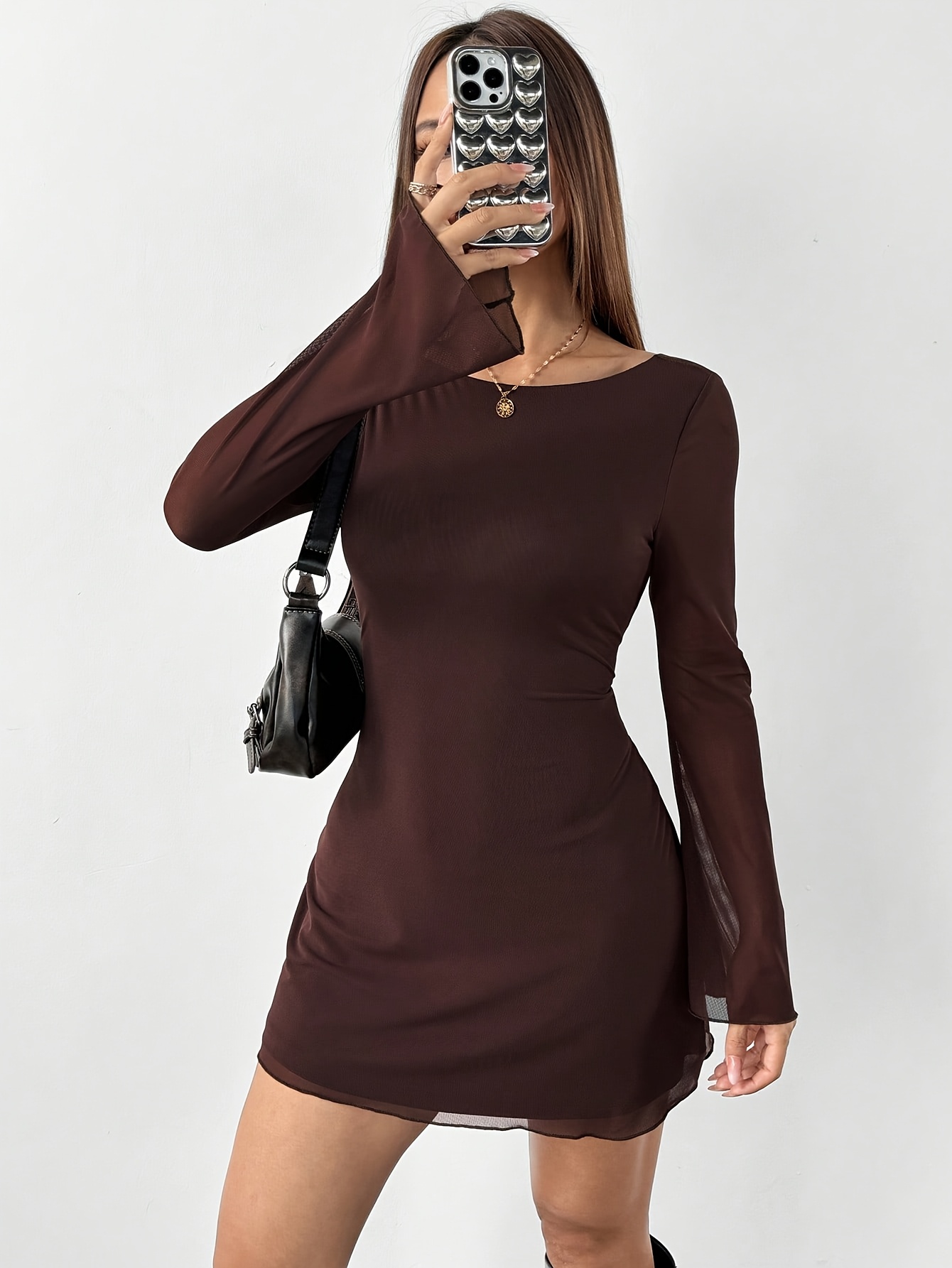 deep backless long sleeve dress women brown mesh - Temu Mauritius