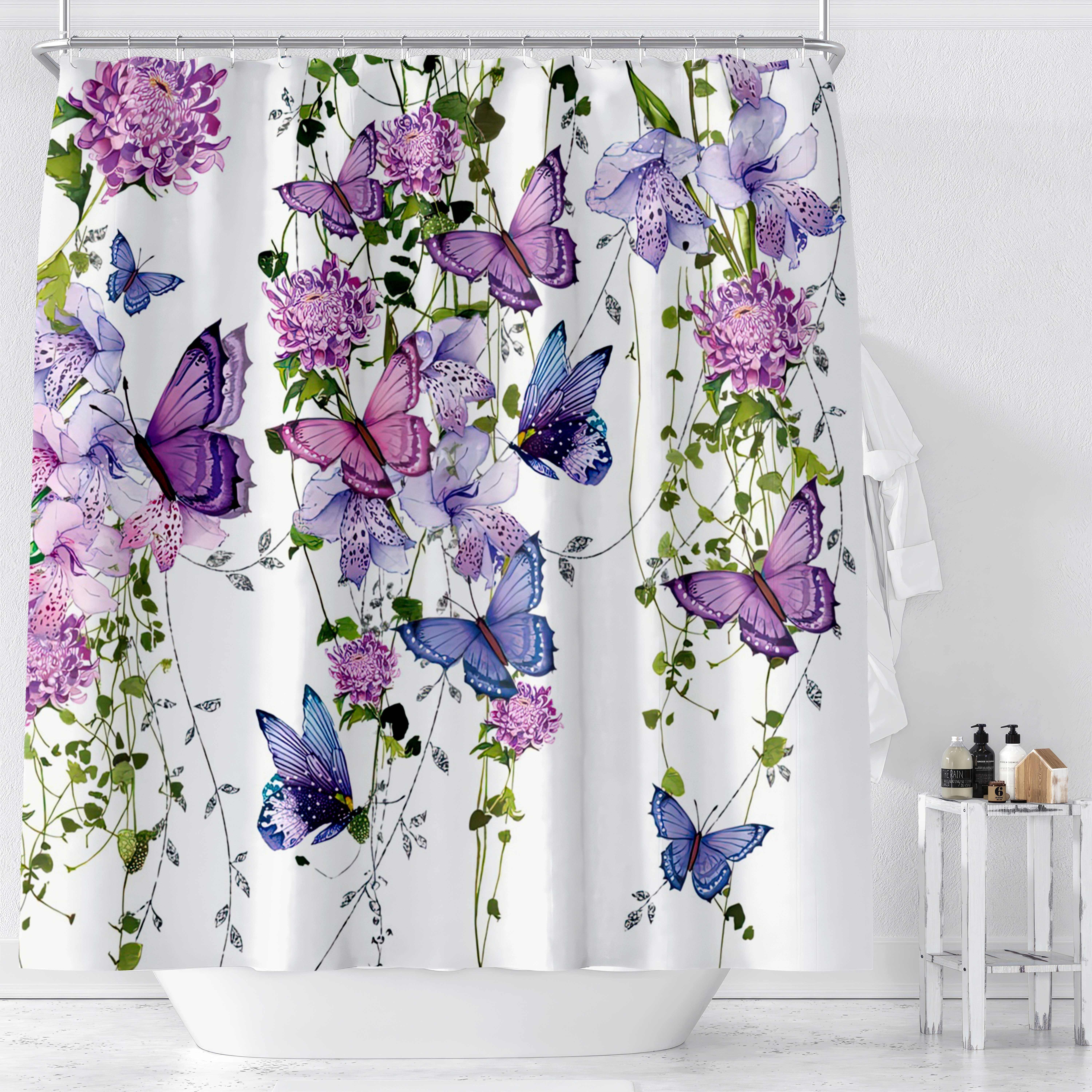 

1 rideau de douche à impression numérique floral papillon violet et bleu et vigne verte, décor de salle de bain avec crochets inclus