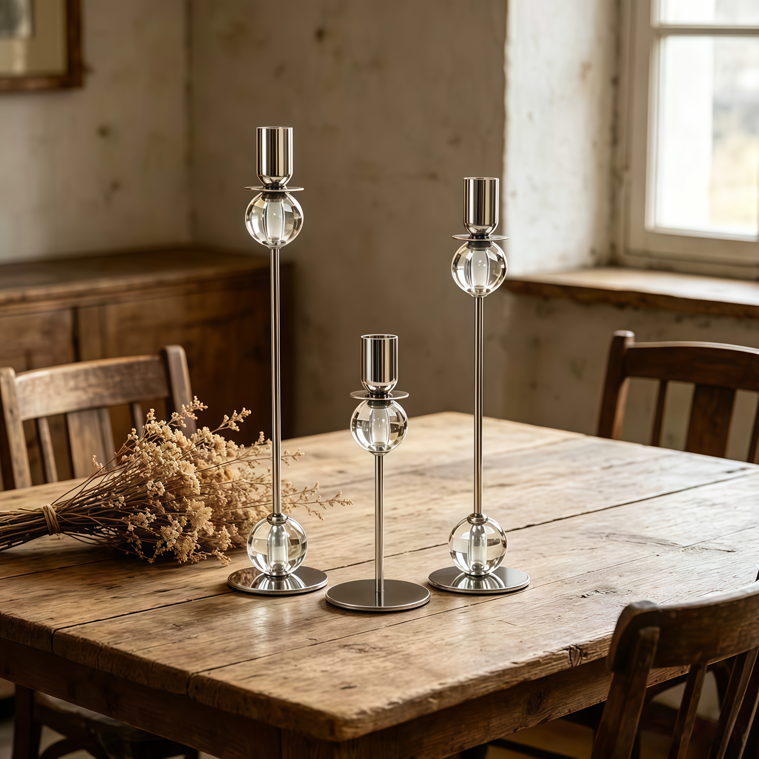 3pcs Crystal Taper Candle Holder - Silvery Metal Candlestick with Glass Ball, Modern Tall And Short Candle Holders for Wedding, Dining Room, Living Room, Home Decor, Wedding Table Centerpieces, Dining Table, Family Party Decorations