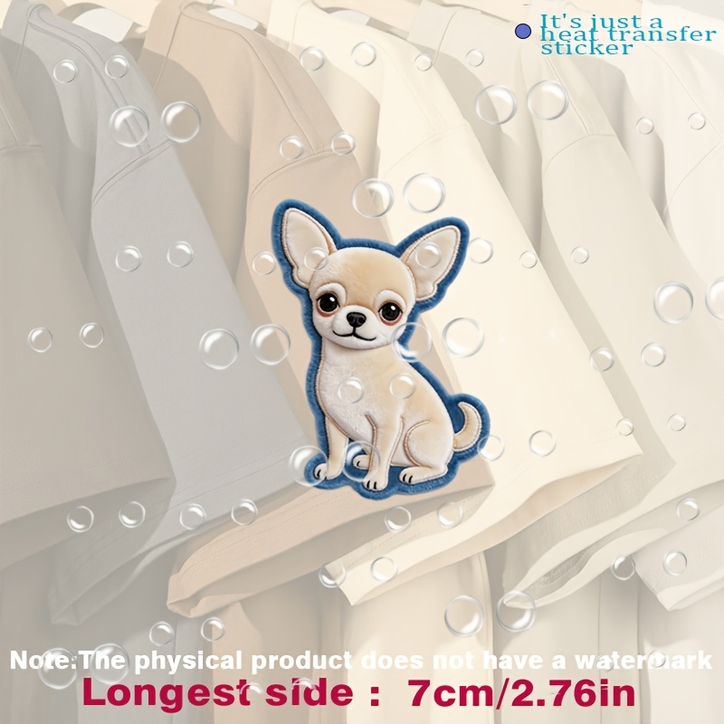 TEMU かわいいチワワのパッチ 青い輪郭入り ソフトベージュと白のファー ブラック 熱転写ステッカー 衣類、帽子、、クッション、革、ベッドシーツ、カーペットなどの平面生地に適用 アイロンで熱転写可能