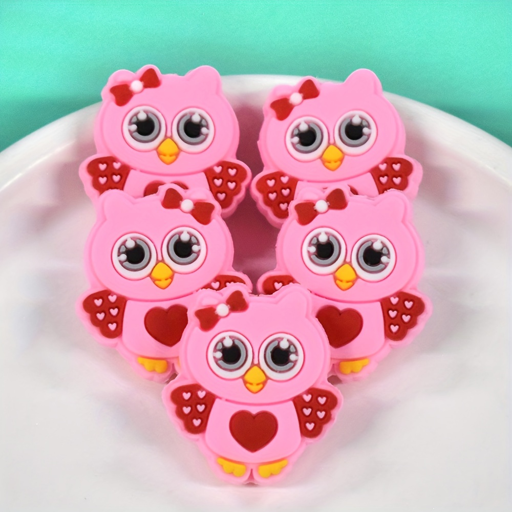 

5pcs Charming Pink Chick Plastic Beads, Heart-shaped Owl Pendants For Diy Jewelry, Keychains, And Bag Accessories