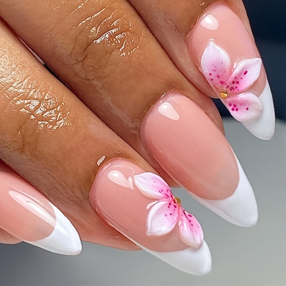 TEMU 24 uñas postizas de media tipo stiletto, con base rosa nude y punta estilo francés lechoso, con en relieve y cuentas doradas, que desprenden un
