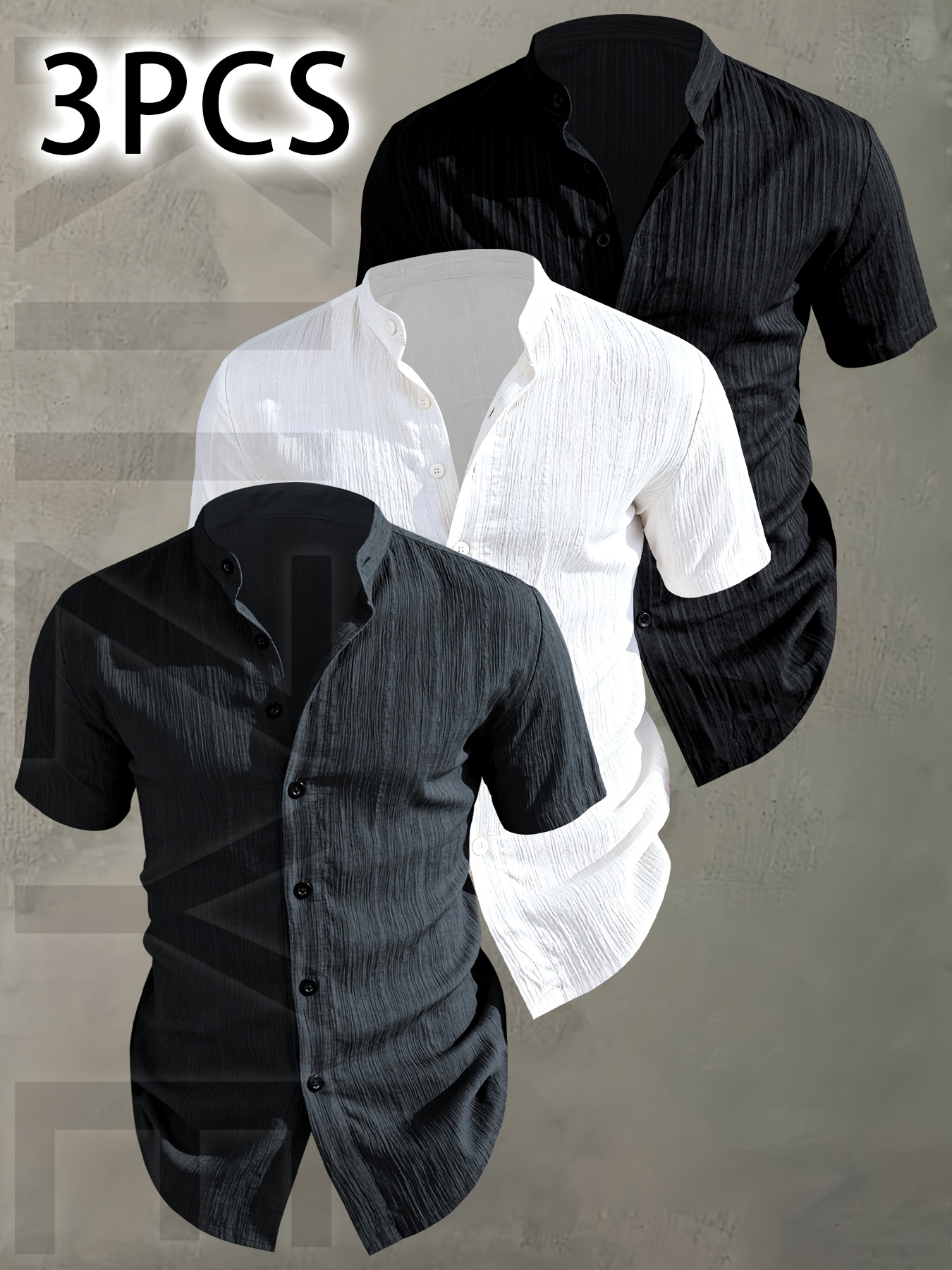 [  obm] 3er-pack herren sommer kurzarmhemd - leichtes, atmungsaktives, einfarbiges button-up freizeitshirt mit stehkragen, maschinenwaschbar für strandurlaub,   und freizeitkleidung, strandhemd,   zum verschenken