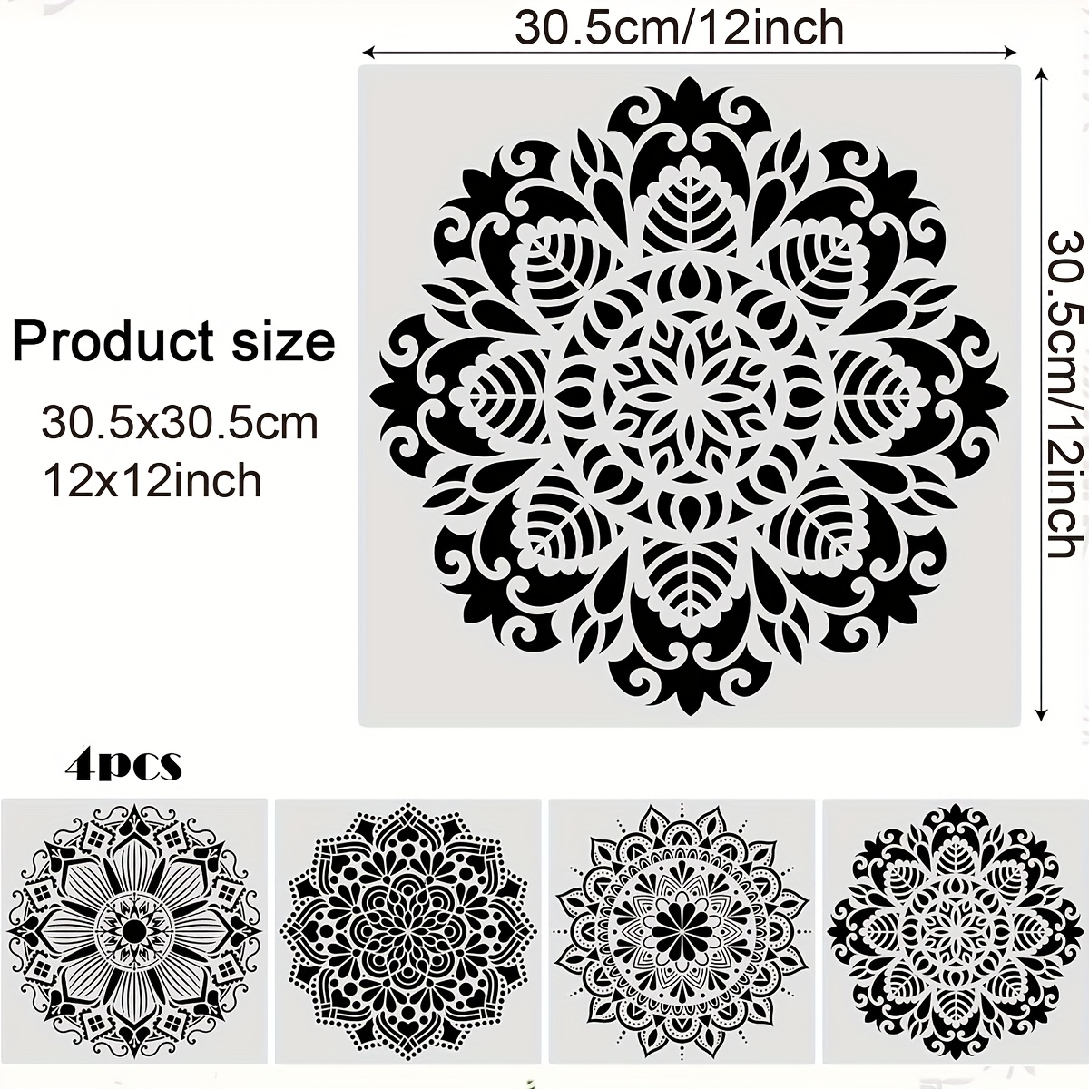 E-shop 4er-Set Große Mandala Bastelschablonen, Wiederverwendbare DIY Zeichnungs- und Malvorlagen für Holzwandkunst, Blumen-Punktform-Schablonen zum
