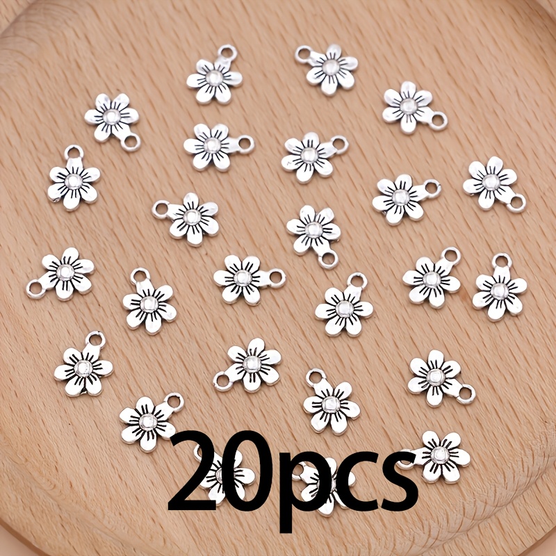 TEMU 20 Stück silberfarbene Blumen-Anhänger - Handgefertigte Schmuckanhänger aus Zinklegierung für Ohrringe & Armbänder, Blumendesigns, zum Basteln