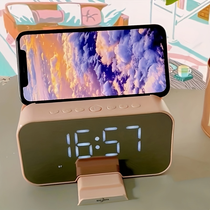 Compact Pink Portable Speaker, FM Radio, LED LCD Mirror, Wireless Microphone, Wireless Connection, USB Charging, High Quality Audio, TF Card, Adjustable Volume And Brightness. Suitable for Easter, Birthday Gifts, Mini Wireless Alarm Clock Speaker