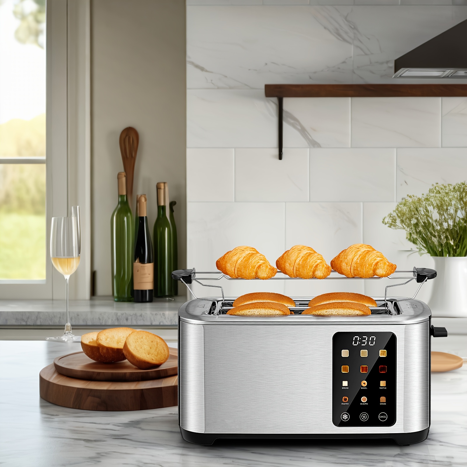 TEMU 4 Toaster Touch Screen Control, Long Extra Wide Slots Toaster, 6 Bread Types & 6 Shade Settings, Stainless Steel Toaster, With Removable Tray, Cancel// Function,