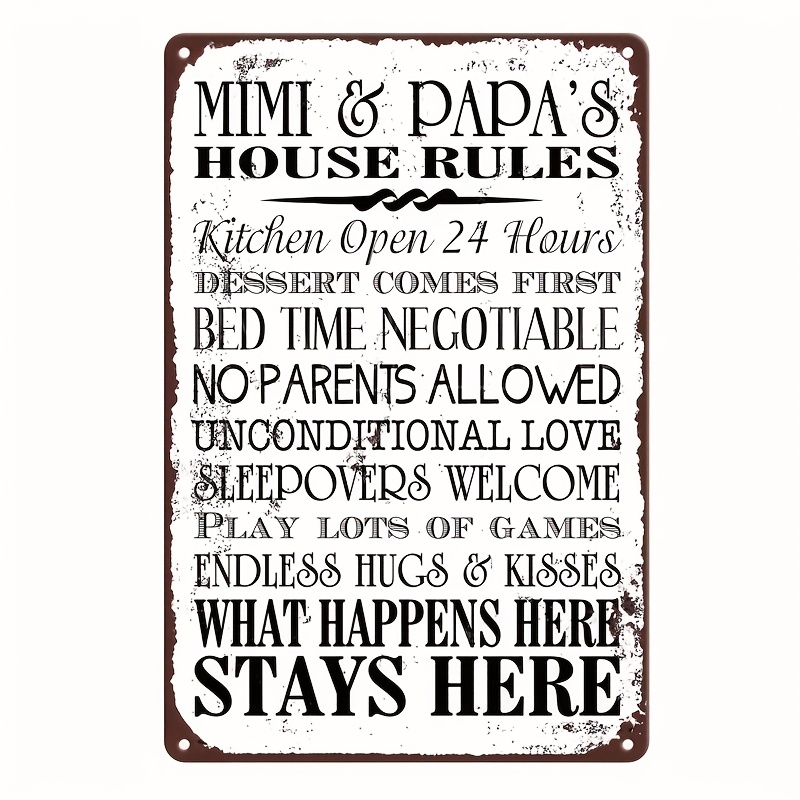 

Mimi & Papa' Rules" Vintage Metal Tin Sign - Rustic Silvery Iron , 8x12 Inches, Home, Kitchen, Cafe, Bar Decor, Room Decor