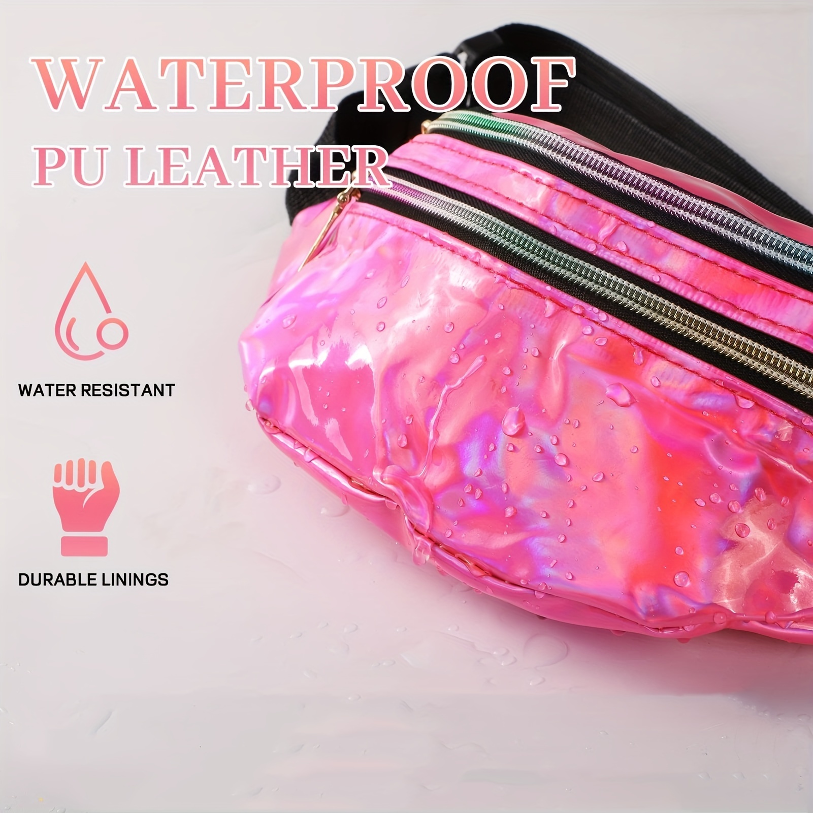 

Festive Holographic Fanny Pack: Waterproof Pu Leather, Adjustable Belt, 3 Zip Pockets For - Perfect For Travel, Outdoor Activities, And Festive Celebrations