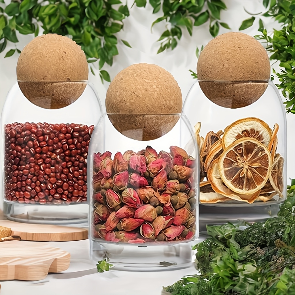 TEMU 3pcs Glass With 3 Wooden Ball Lids, Used As A Seasoning Container For Spice Racks, Cabinets, Drawers, Suitable For Dry Grains, Lemon Slices, , And Coffee Beans, A Must-have For Coffee Shops