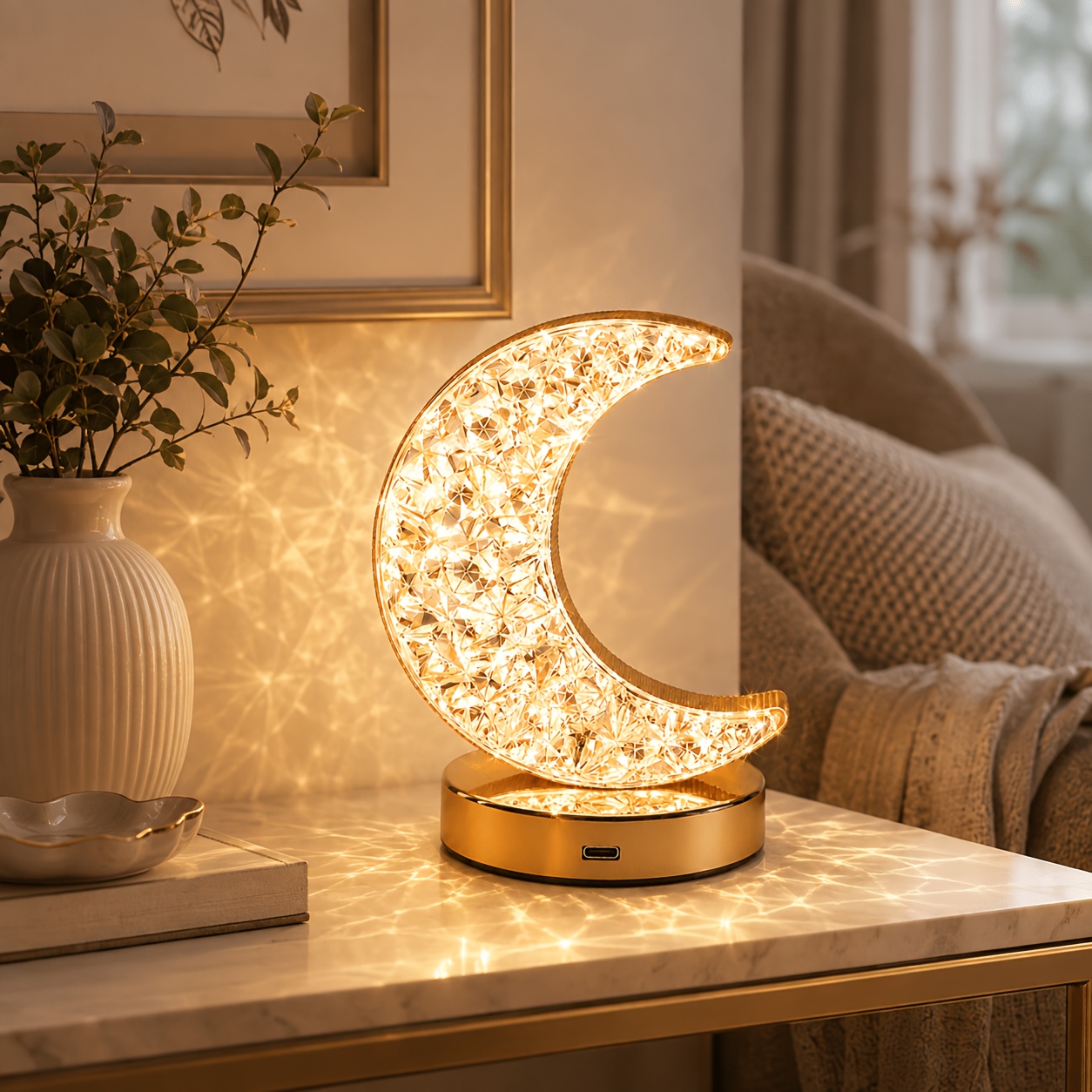 TEMU 1pc Table Lamp, Crystal Table Lamp, Moon Shaped Lamp, 3-color Adjustable Led Night Light, Crystal Projection Night Light, Decorative Bedside