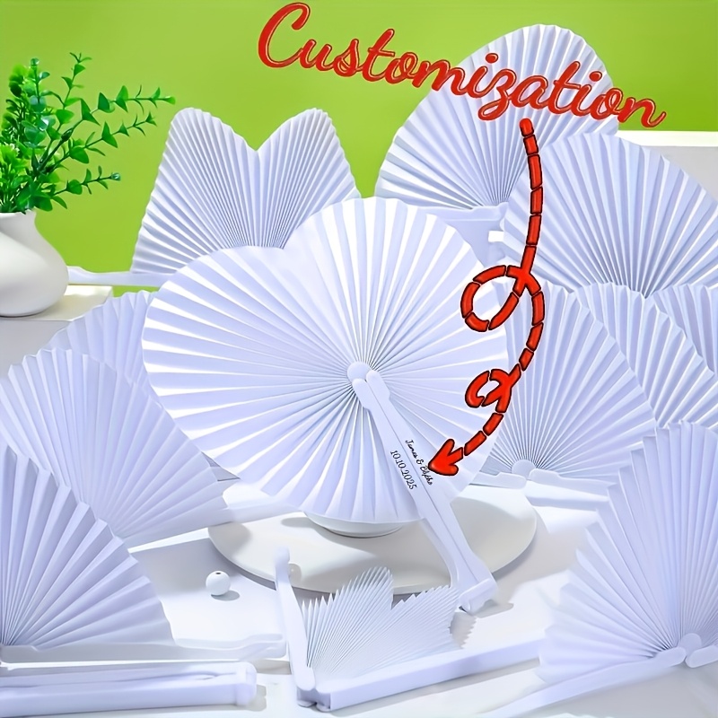TEMU Personalized Laser-engraved White Heart-shaped Folding Paper Fans With Plastic Handle - Custom Name/text/date Suitable For Wedding Favors,