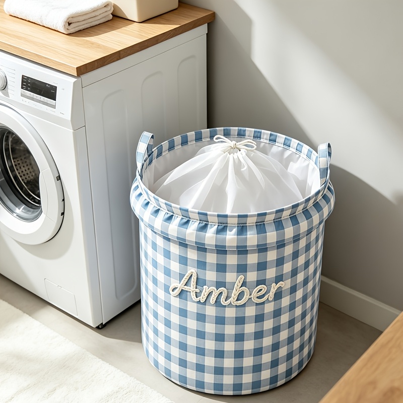 Custom Text Storage Basket - Plaid Laundry Hamper