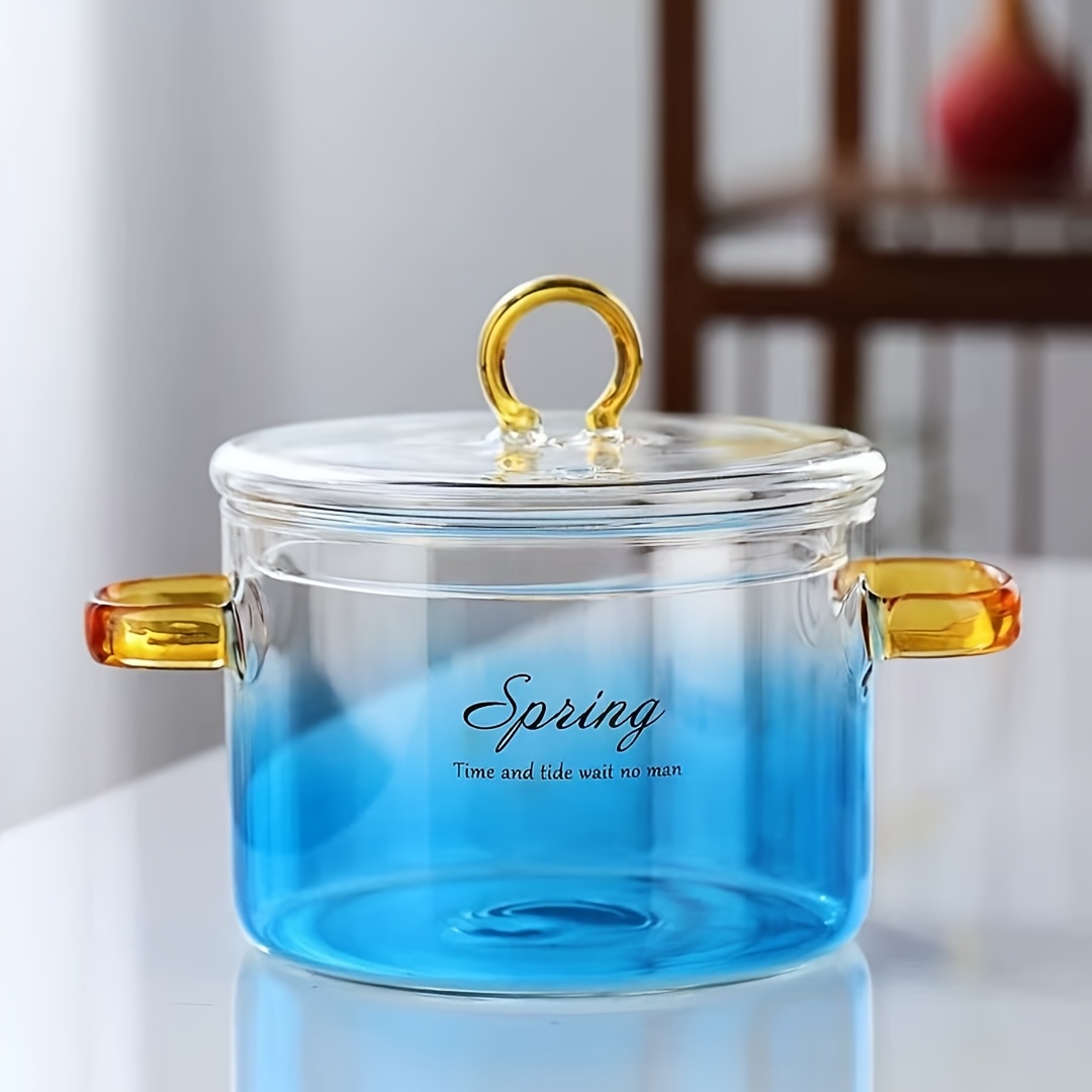 

1pc 51.2oz Blue Gradient Glass Cooking Pot Set With Yellow Handles - Ideal For Spaghetti, Steak Sauce, Congee, Ramen, Soup & Salad - "spring" , , Holiday Cooking Pot| Pot|golden Handle Pot