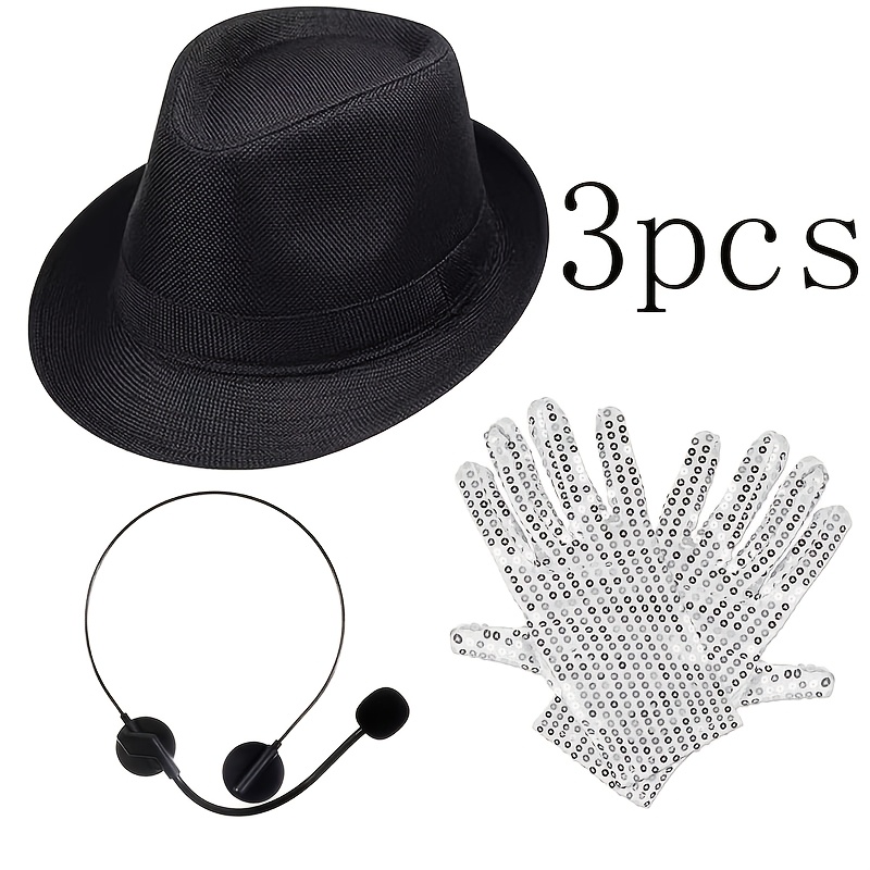 TEMU Set de 3 piezas de accesorios de disfraz temático de rock y disco de de 80 ( sombrero, guantes, micrófono ) Unisex, ideal para juegos ,