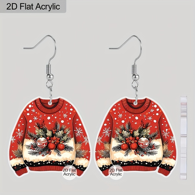 TEMU 2d Flat, 1 Pair Pattern Sweater Acrylic Earrings For Women Trendy Fashion Earrings Earrings Jewelry Christmas Gift, 2d Flat